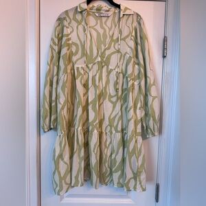 Zara Sage Green and Cream Ruffled Midi Dress with Bishop Sleeves